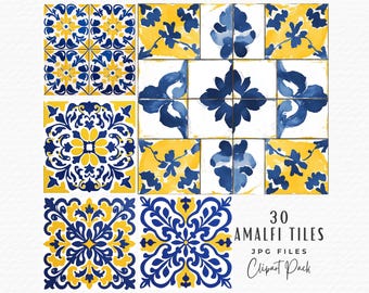 Amalfi Fliesen Clipart Bundle: Aquarell Mediterran Muster (digitaler Download)