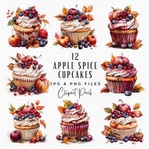 Pacote de clipart de cupcake de especiarias de maçã, 12 clipart de cupcake de especiarias de maçã de abóbora de outono de ação de graças em aquarela PNG, download digital para uso comercial