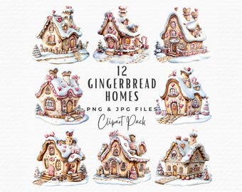 Pastel Christmas Gingerbread House Clipart Bundle, Watercolor Cookie PNG JPG (Digital Download)