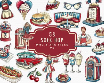50s Diner Clipart Bundle, Watercolor Jukebox, Sock Hop (Digital Download)