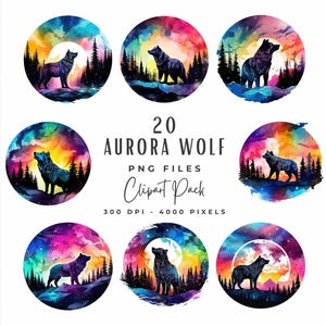 Aurora Borealis Clipart, Watercolour Northern Lights Sky with Wolf Clipart, Digital Download, 12 Scenic Mountain Art JPG, Commercial Use