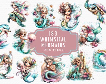 Pastel Mermaid Clipart Bundle: 183 Watercolor Ocean Graphics (Digital Download)