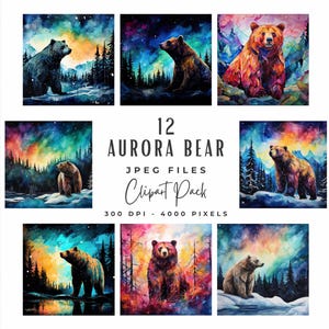 Aurora Borealis Clipart, Watercolour Northern Lights Sky with Bear Clipart, Digital Download, 12 Scenic Mountain Art JPG, Commercial Use