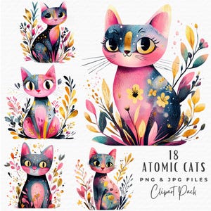 Atomic Cat Clipart Bundle, Cute Mid Century Retro Modern Black Cat Clipart PNG, Digital Download, Commercial Use, Junk Journal Scrapbooking