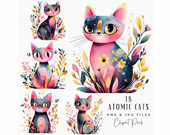 Retro Atomic Cat Clipart Bundle, Mid Century Modern PNG (Digital Download)