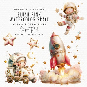 Pacchetto Clipart Spazio Acquerello / 16 Blush Pink & Gold Nursery Planet Rocket Astronaut PNG Clip Art / Pacchetto Clipart Baby Shower Rosa per Ragazze
