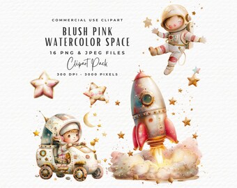Aquarell Weltraum Clipart | Pink, Gold, Rakete, Astronaut (Digital Download)