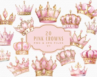Tiara Crown Clipart, Watercolor Princess Pink Gold Royal Crown Clipart, Digital Download Commercial Use, Magical Fairytale Girly Aesthetic