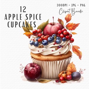 Pacchetto di clipart di cupcake speziati alla mela, 12 clipart PNG di cupcake speziati alla mela di zucca autunnale del Ringraziamento ad acquerello, download digitale per uso commerciale