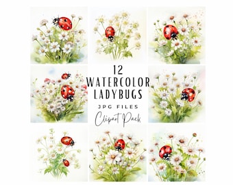 Clipart de mariquita en acuarela: Arte de insectos primaverales (Descarga digital)