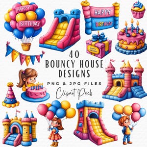 Zestaw clipartów Bouncy House, 40 zaproszeń na przyjęcie urodzinowe Bouncy Castle Clipart, cyfrowe pobieranie Bounce House, cliparty urodzinowe Girl Boy