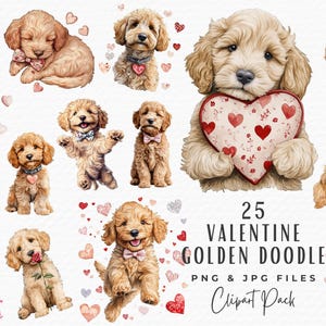 Grandmillenial Valentine Clipart, 25 Preppy Chinoiserie Acquerello Goldendoodle Cucciolo di Cane con Palloncino a Cuore Clipart JPG, Download Digitale