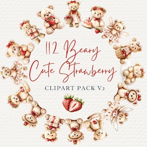 Beary eerste verjaardag clipartbundel, 112 aquarel aardbei beer, ballon, bloem en waslijn babyshower clip art, digitale download