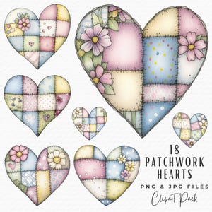 Patchwork Heart Clipart Bundle, 18 Watercolor Valentines Day Quilt Love Heart Clipart, Digital Crafting Art Junk Journal Ephemera Scrapbook