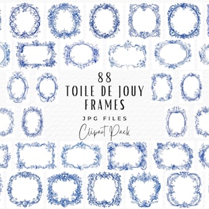 Bundle de cliparts cadre bleu Français, 88 aquarelle vintage bleu toile de Jouy mariage cadre baroque Clip Art, téléchargement numérique, mariage floral
