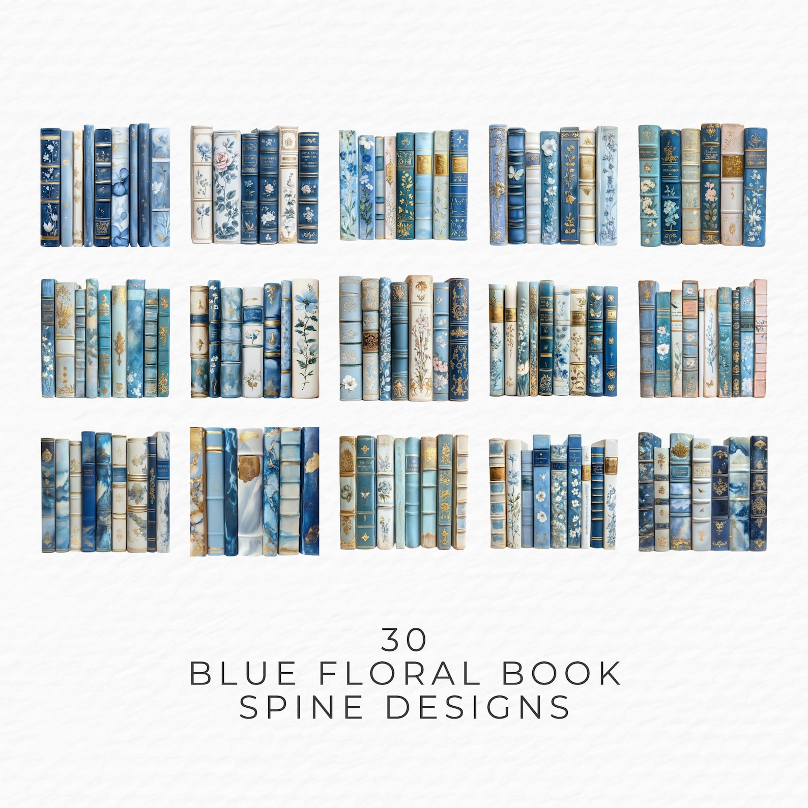 Book Spine Clipart, 30 Watercolour Vintage Blue Floral Flower Book ...