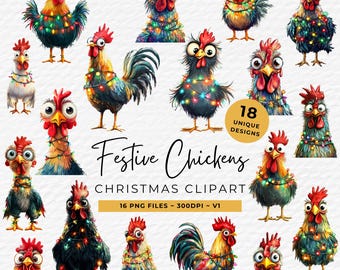 Quirky Festive Chicken Clipart – Funny Holiday PNG Bundle, Cute Farm Animal Illustrations, Digital Download