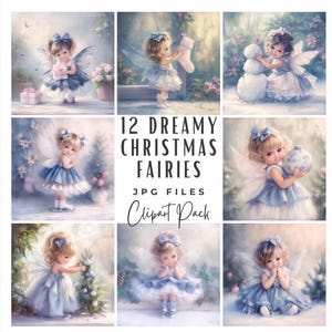 Winter Fairy Clip Art Bundle, 12 Cute Watercolor Winter Christmas Holiday Fantasy Fairy Tale Clipart JPG, Digital Download Commercial Use