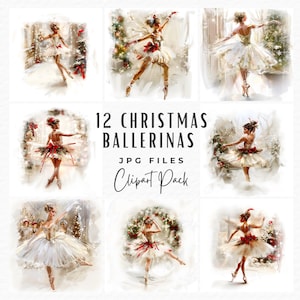 Pacote de clipart de bailarina de Natal, 12 clipart de balé quebra-nozes de férias de inverno em aquarela, download digital, uso comercial, cartão de Natal faça você mesmo