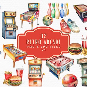Clipart arcade rétro, jeu vidéo vintage aquarelle, flipper, bowling Clipart PNG JPG, utilisation commerciale en téléchargement numérique, scrapbooking