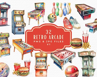 Watercolor Retro Arcade Clipart: Vintage Video Game PNG JPG (Digital Download)