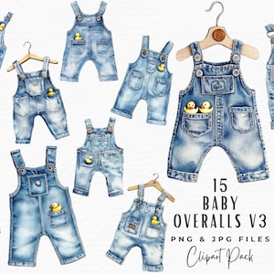 Baby Overalls Clipart Bundle, niedlich Aquarell Baby Dusche Gummiente Latzhose Clipart, digitaler Download kommerzielle Nutzung, Baby-Dusche-Dekor