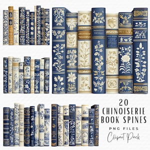 Puede incluir: Veinte lomos de libros azules y blancos con detalles dorados y diseños florales. Las lomos de los libros están dispuestos en tres filas. El texto "20 Chinoiserie Book Spines" está en la parte inferior de la imagen. PNG Files Clipart Pack.
