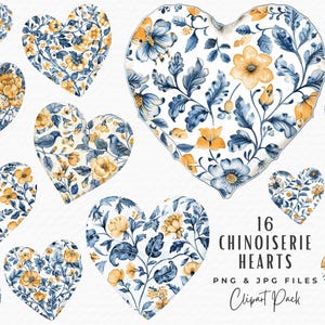 Chinoiserie Valentine Heart Clipart Bundle, 16 Watercolor Blue & Yellow Valentines Day Preppy Toile Heart Clipart PNG JPG, Digital Download