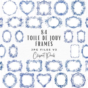 Pacchetto di clipart con cornice blu francese, 84 clip art con cornice barocca per matrimonio in stile vintage blu acquerello Toile De Jouy, download digitale, matrimonio floreale