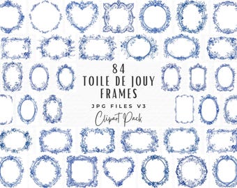 Toile De Jouy Frame Clipart, French Blue, Wedding Baroque (Digital Download)