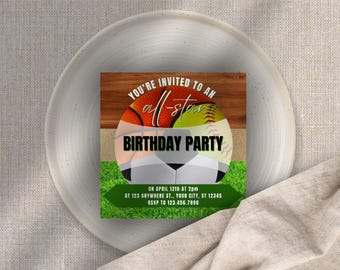 Convite de Aniversário Esportivo All-Star: Softball, Basquete, Futebol (Download Digital)