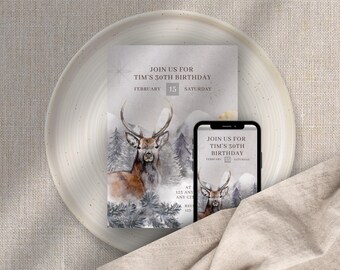 Convite para Festa com Tema de Cervos na Floresta: Imprimível e Editável (5x7)