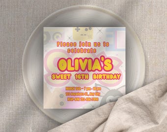 Convite de aniversário com tema dos anos 90: Modelo editável no Canva (Download digital)