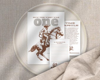 Convite de aniversário de um ano com tema de cowboy e bilhete para cápsula do tempo (download digital)