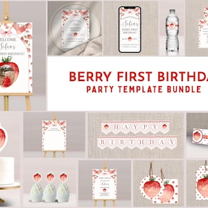Paquete de primer cumpleaños de Berry: imprimible, editable y móvil (descarga digital)