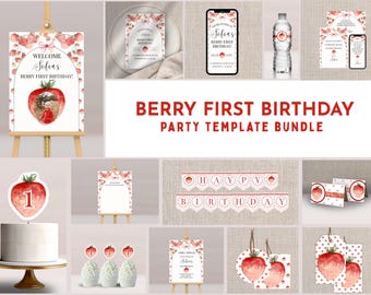 Pacote de Aniversário de Um Ano com Tema de Frutas Vermelhas: Imprimível, Editável e para Celular (Download Digital)