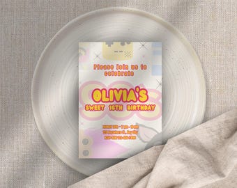 Convite de aniversário com tema dos anos 90: Modelo editável no Canva (Download digital)