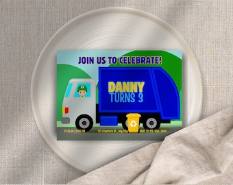 Convite de Aniversário Caminhão de Lixo: 7x5 para Festa de Aniversário Infantil (Download Digital do Canva)