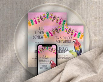 Jimmy Buffett Birthday Invitation Bundle: Margaritaville Parrot Beach Theme (Digital Image)