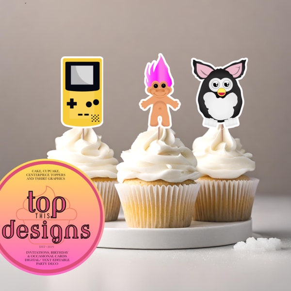 Printable 90’s themed cupcake toppers/ 12 cute 90’s themed party cupcake toppers/furby, vhs, lava lamps, virtual pet, Walkman, troll, etc.