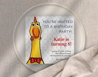 Rubber Chicken digital/instant download invitation/editable in Canva/birthday invite/party invite