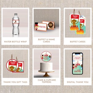 May include: A selection of circus-themed party items, such as water bottle wraps, buffet cards, name cards, gift tags, cake toppers, and a digital thank you card. Designs include cartoon animals and circus imagery.
