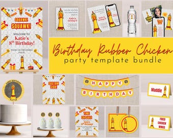 Pacote de festa de aniversário de galinha de borracha: imprimíveis divertidos para festa (editáveis no Canva)
