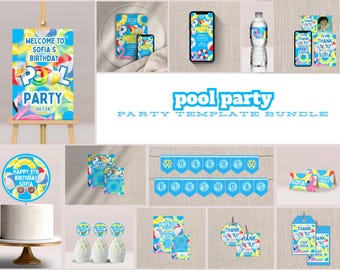 Pool Party Geburtstag Printables: Bearbeitbares Canva Bundle (Digitaler Download)