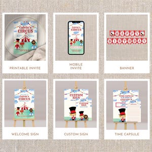 May include: A selection of circus-themed party items, including invitations, a mobile invite, a banner, welcome and custom signs, and a time capsule. Each item features a circus tent, performers, and the text "Calvin's Circus."