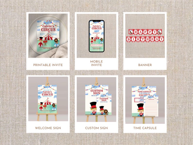 May include: A selection of circus-themed party items, including invitations, a mobile invite, a banner, welcome and custom signs, and a time capsule. Each item features a circus tent, performers, and the text "Calvin's Circus."
