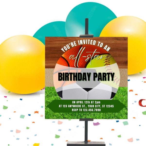 Girl’s All Star Sports party invite/Softball, Basketball & Soccer birthday invitation/Edit in Canva, print at home invite digital download