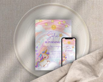 Magical Unicorn Birthday Party Invitation, Rainbow Mobile Template (Editable Canva Design)