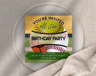 Convite de Aniversário All Star Sports: Beisebol, Basquete, Softbol (Edite no Canva, Imprima em Casa)