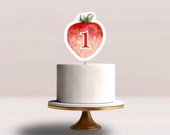 Topo de bolo de aniversário com tema de frutas vermelhas: Modelo editável no Canva (Download digital)